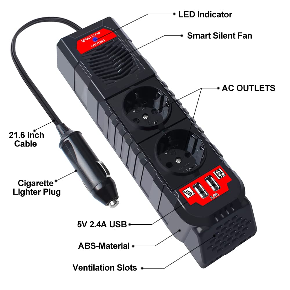 Inverter 12V 220V 150W Convertitore Tensione DC 12V a 230V AC per Auto Camper con 2 Porte USB