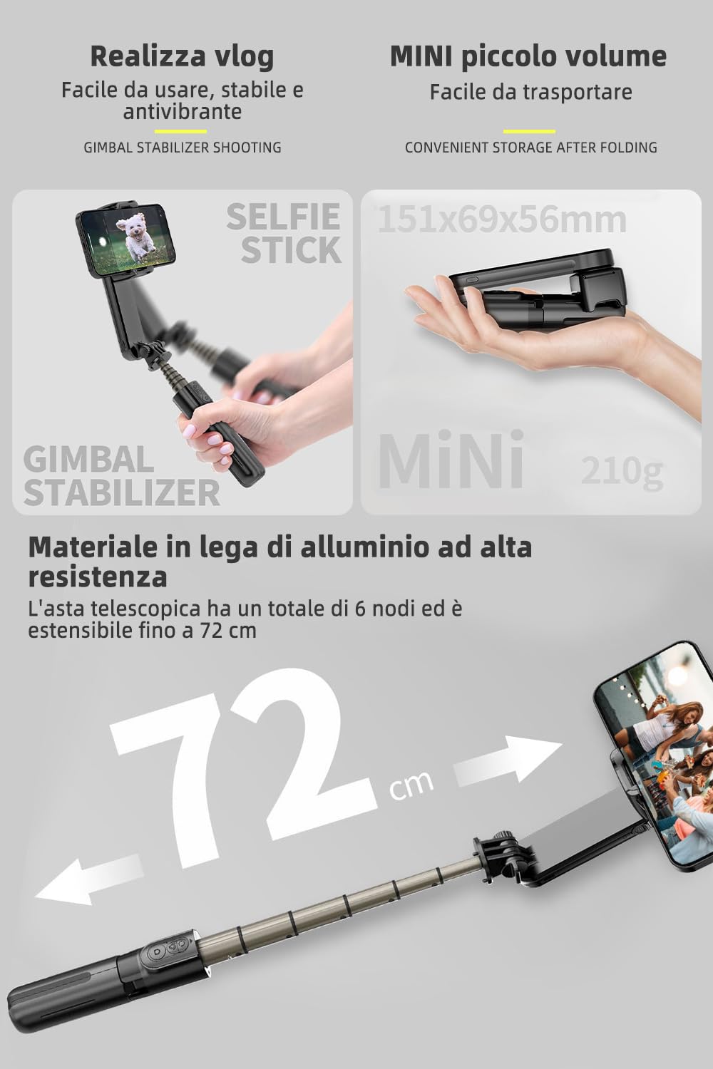 Stabilizzatore Smartphone, Stabilizzatore Cardanico Con Luce Di Riempimento,Portatile e Pieghevole,Per Video Vlog/Youtube/TikTok Con Rotazione Automatica, Per Android e IOS