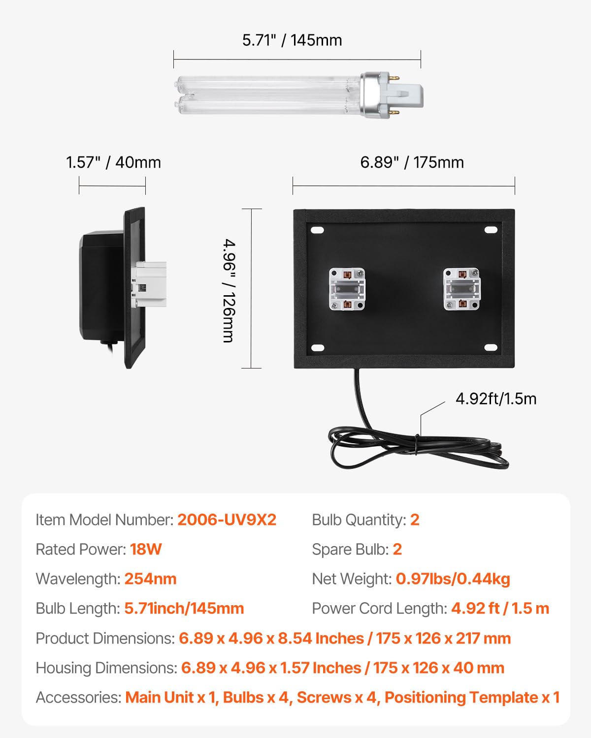 VEVOR Purificatore d'Aria HVAC per Tutta la Casa, Luce UV UVC nel Condotto per Aria Condizionata, Depuratore d'Aria con 2 Lampadine di Ricambio, Luci UV HVAC per Sistemi AC, 18 W 175 x 126 x 217 mm