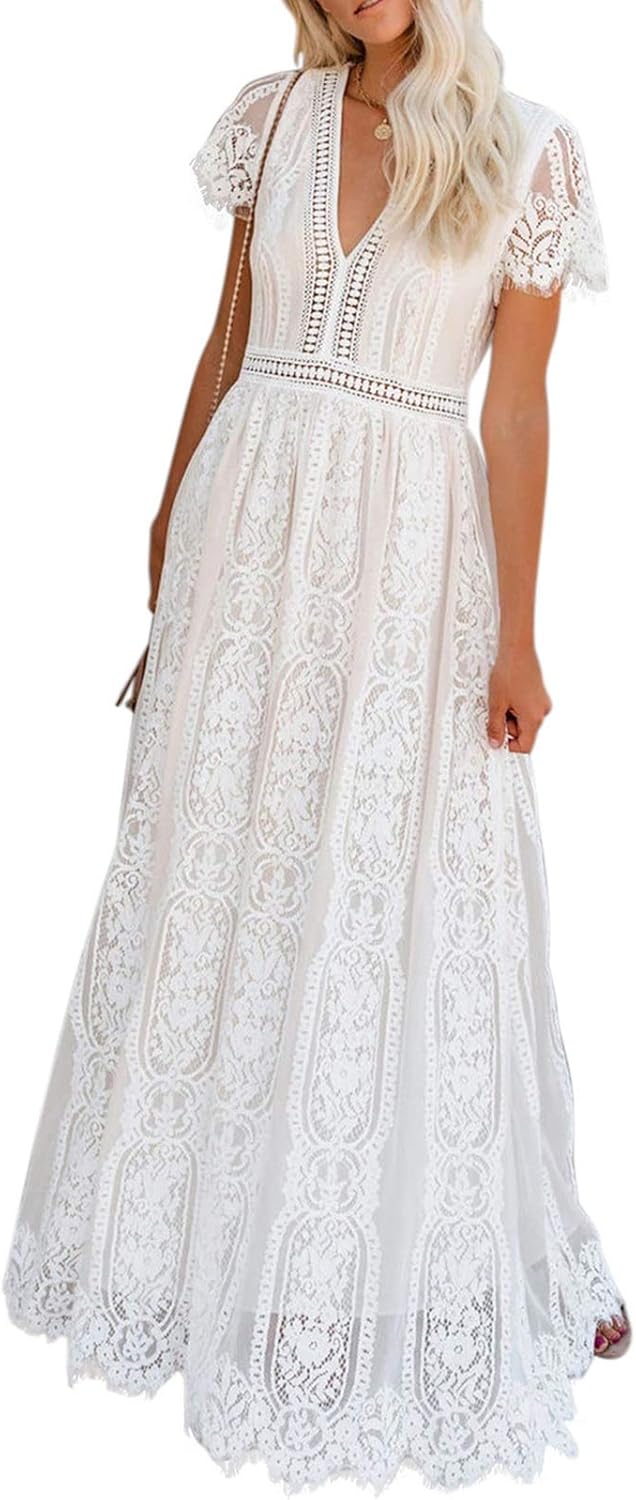 BLENCOT Womens Casual Boho Floral Lace V Neck Long Evening Dress Cocktail Party Maxi Wedding Dresses : Clothing, Shoes & Jewelry