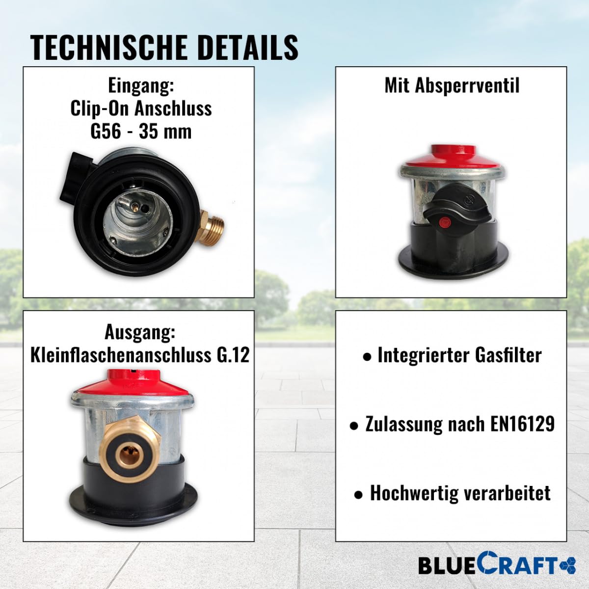 Bluecraft Gasflaschen Adapter für ausländische Gasflaschen in Spanien, Portugal, Norwegen UVM. Clip-On Jumbo 35mm für deutsche Gasregler 30mbar 50mbar