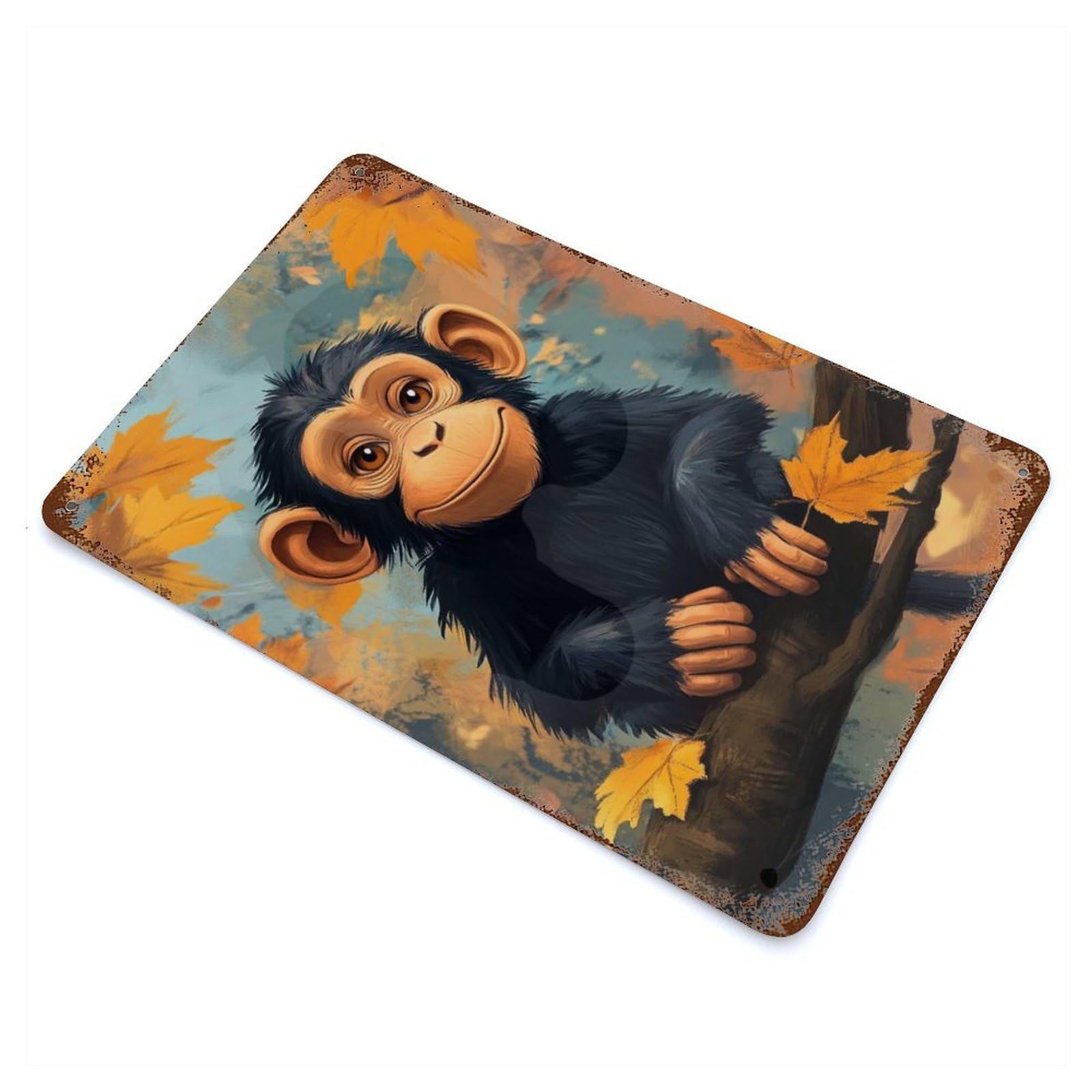 Smiling Chimpanzee Art Rust Effect Tin Sign 11.8"x7.9", Ideal for Garage, Bar And Workshop Decor