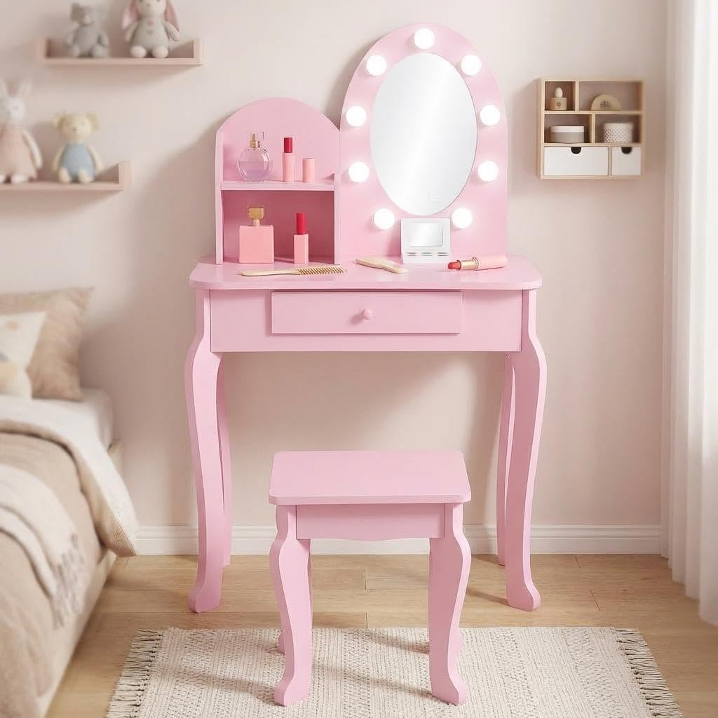 Amyove Kids Vanity Set with Lighted Mirror, Wooden Makeup Table and Chair for Girls, Princess Dressing Table with Stool, Toddler Vanity Set for Bedroom and Playroom, Pink