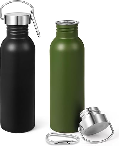 Volhoply 26oz Uninsulated Single Walled Water Bottles 2 Pack, Stainless Steel Reusable Water Bottle with Handle, BPA Free Wide Mouth Water Bottles for Gym Sports Camping(Assort Color,2)