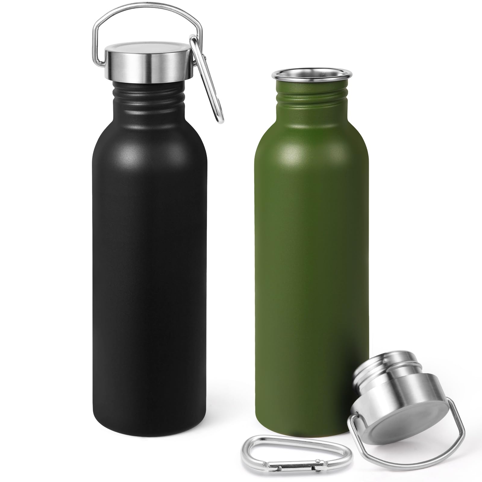 Volhoply 780ml Uninsulated Single Walled Water Bottles 2 Pack, Stainless Steel Reusable Water Bottle with Handle & Carabiner, BPA Free Wide Mouth Water Bottles for Gym Sports Camping（Assort Color,2）