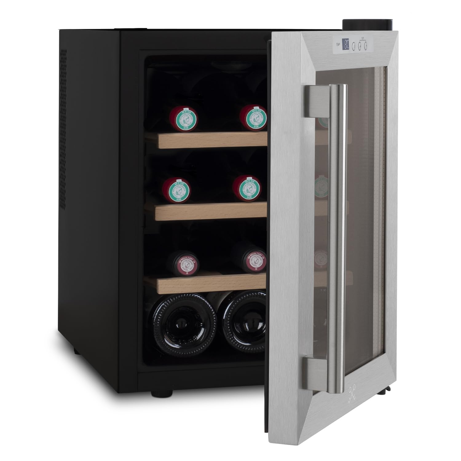 LES PETITS CHAMPS Vinoteca 12 botellas CAVS12, Capacidad 31L, Puertas de acero inoxidable, Ajuste de temperatura de 11°C a 18°C, Sistema termoeléctrico, Iluminación LED, Anti-UV, 3 estantes