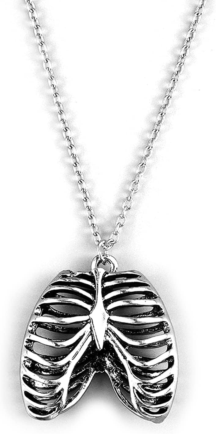Punk Rib Cage Heart Pendant Necklace, Gothic Hollow Rib Cage Anatomical Heart Necklace for Women Men Doctor Couple Memorial Jewelry Valentines Day Birthday Halloween Skeleton