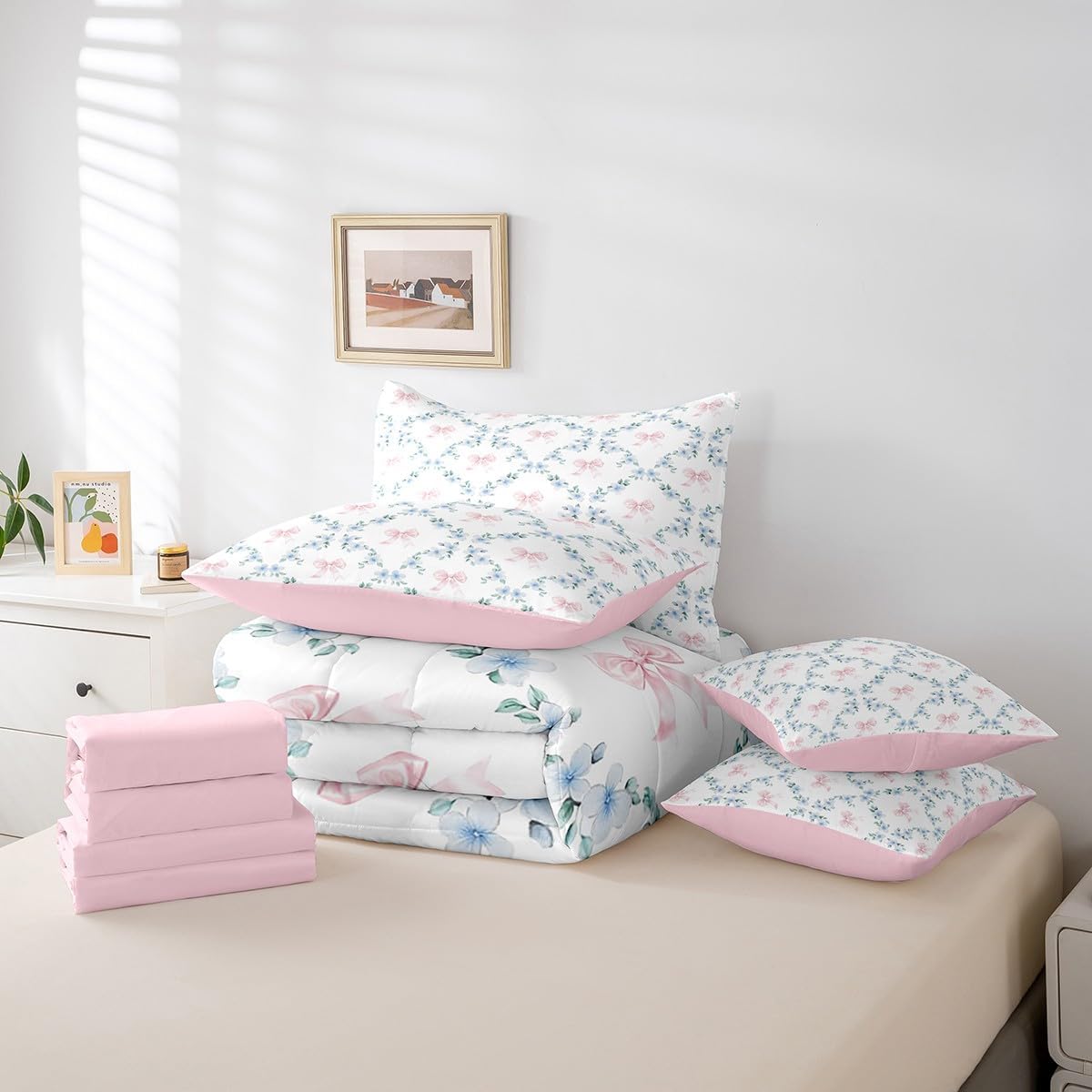 Erosebridal Pink Kawaii Ribbon Bow King Comforter Set for Kids Girls Teen,Blue Flowers Plaid Bowknot Bed in A Bag Cute Girly Bow Bedding Set 7 Pcs Plant Floral Leaves Bed Set