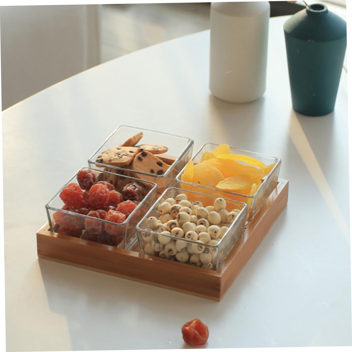 BESTYASH Unterteilter Glas Snackteller mit Holzhalter, 1 Satz | Nüsse und Snacks, Geordnete Fächer, Glas und Holz im Kompakten Format Zufällige Farbe