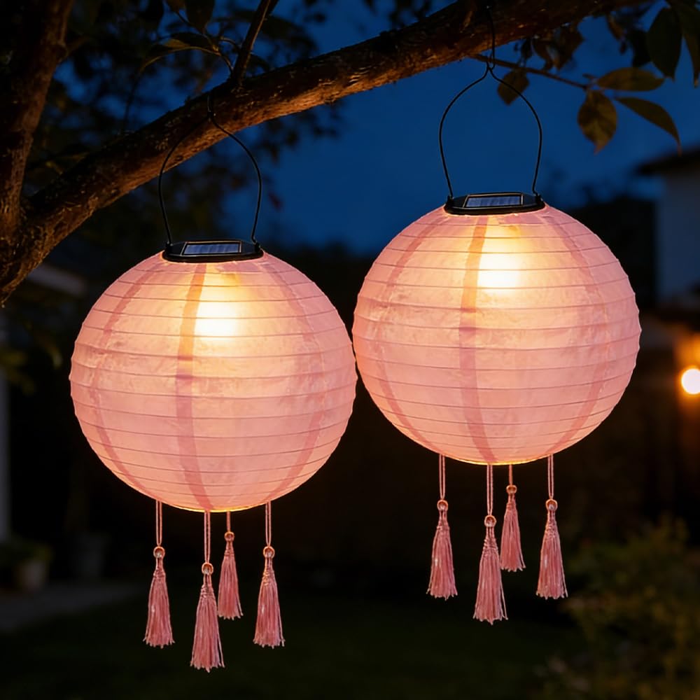 NAVESO 2 Stück Solar Lampions Außen Wetterfest, 30cm Lampions LED Solar mit Quasten, SolarLampions Outdoor, Solarlampen Lampions, Gartenlaterne Hängend, Solar Beleuchtung Laterne, Balkon Deko, Rosa Beleuchtung