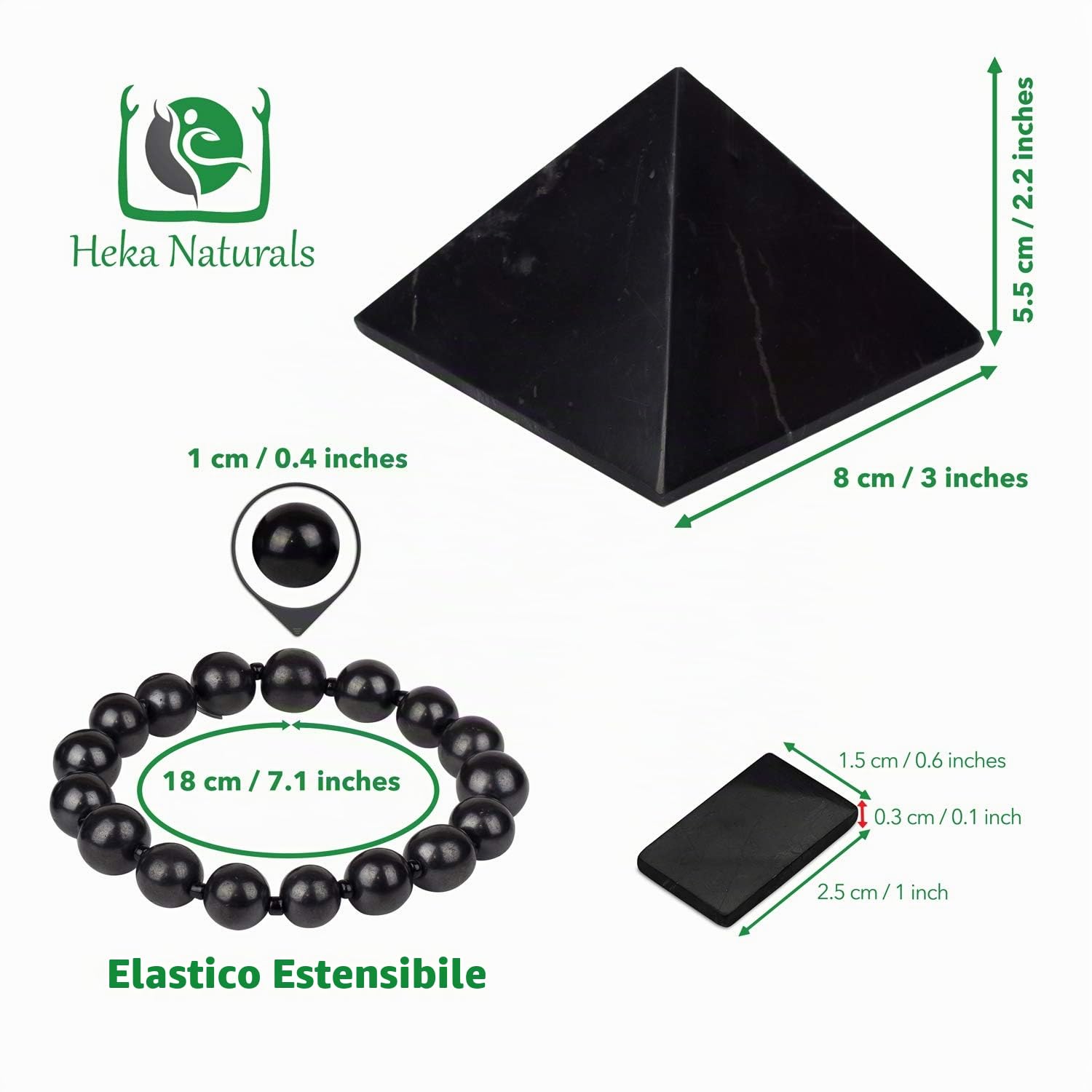 Heka Naturals Piramide di Shungite Lucidata (8 cm), Bracciale Elastico e Piastra Telefonica Rettangolare | Decorazioni per la Casa, Piastra Adesiva - Pietre Chakra Gioielli Spirituali