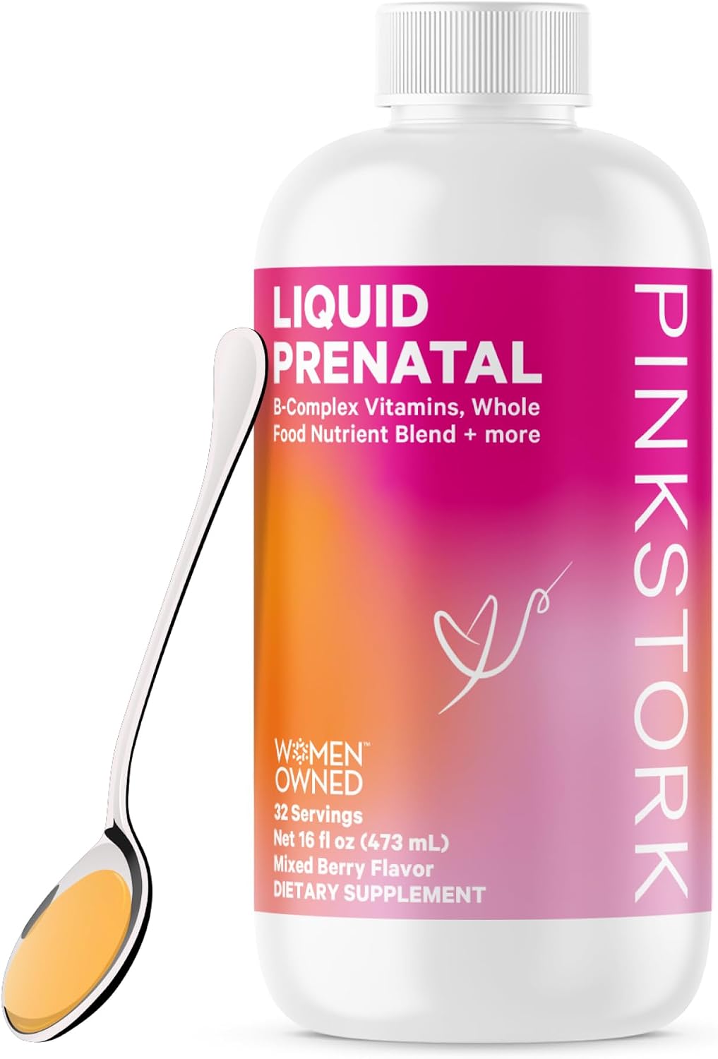 Pink Stork Liquid Prenatal Vitamins for Women with Organic Whole Food Blend, Folate, Iron and Vitamin B6, Easy to Mix Alternative to Pills or Capsules - Mixed Berry, 32 Servings