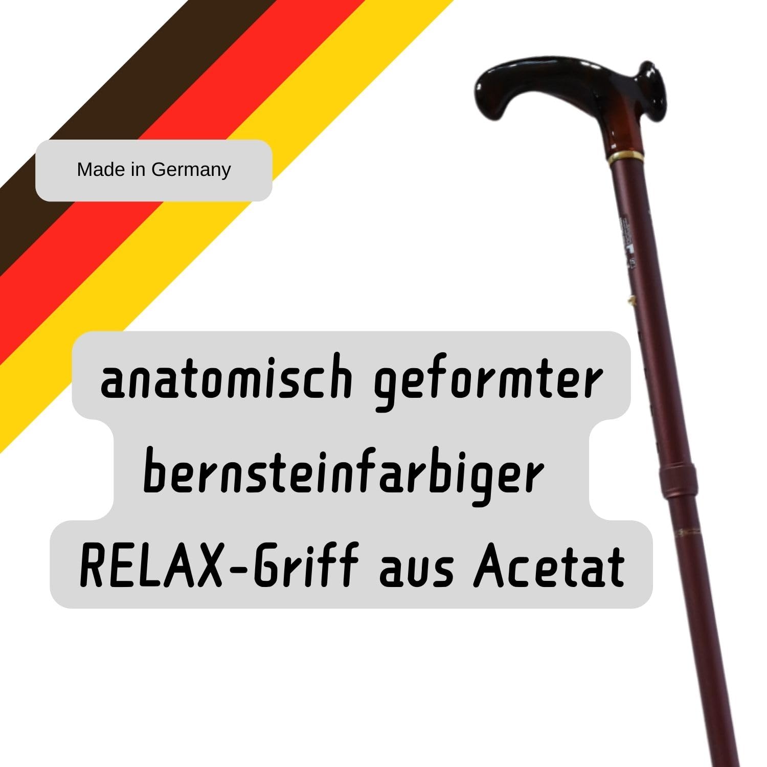 Delux Relax Faltstock höhenverstellbar + Olanmarp Klettarmband | Bernsteinfarbener RELAX-Griff, 4-teilig faltbar, 88–98 cm höhenverstellbar, bis 120 kg belastbar – anatomisch, rechts