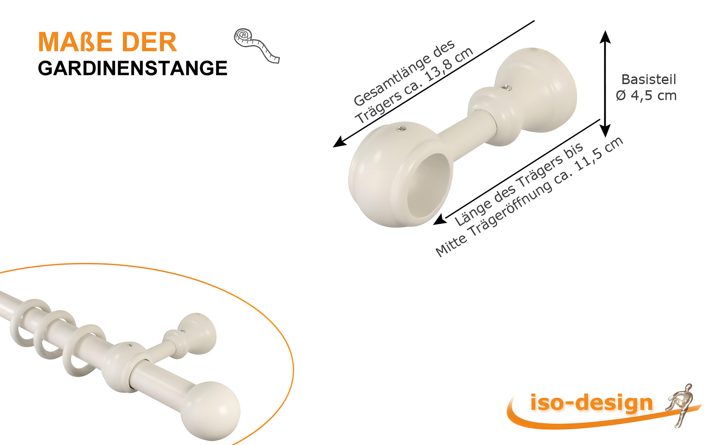 Gardinenstange weiß lackiert aus Holz 28 mm Durchmesser, Wand- oder Deckenmontage, Lieferung mit Gardinenringen, Endstück Kugel 200 cm