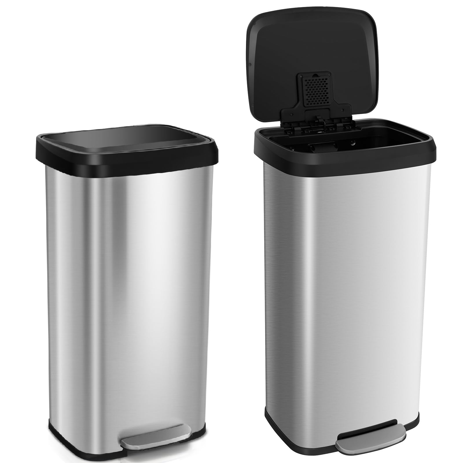 GIANTEX Cubo de Basura de Acero Inoxidable de 68 Litros, Papelera con Tapa Abatible y Pedal, Anillo de la Bolsa, Compartimento Desodorizante y Asa Trasera, 40x38x78cm, para Cocina, Baño (Plata)