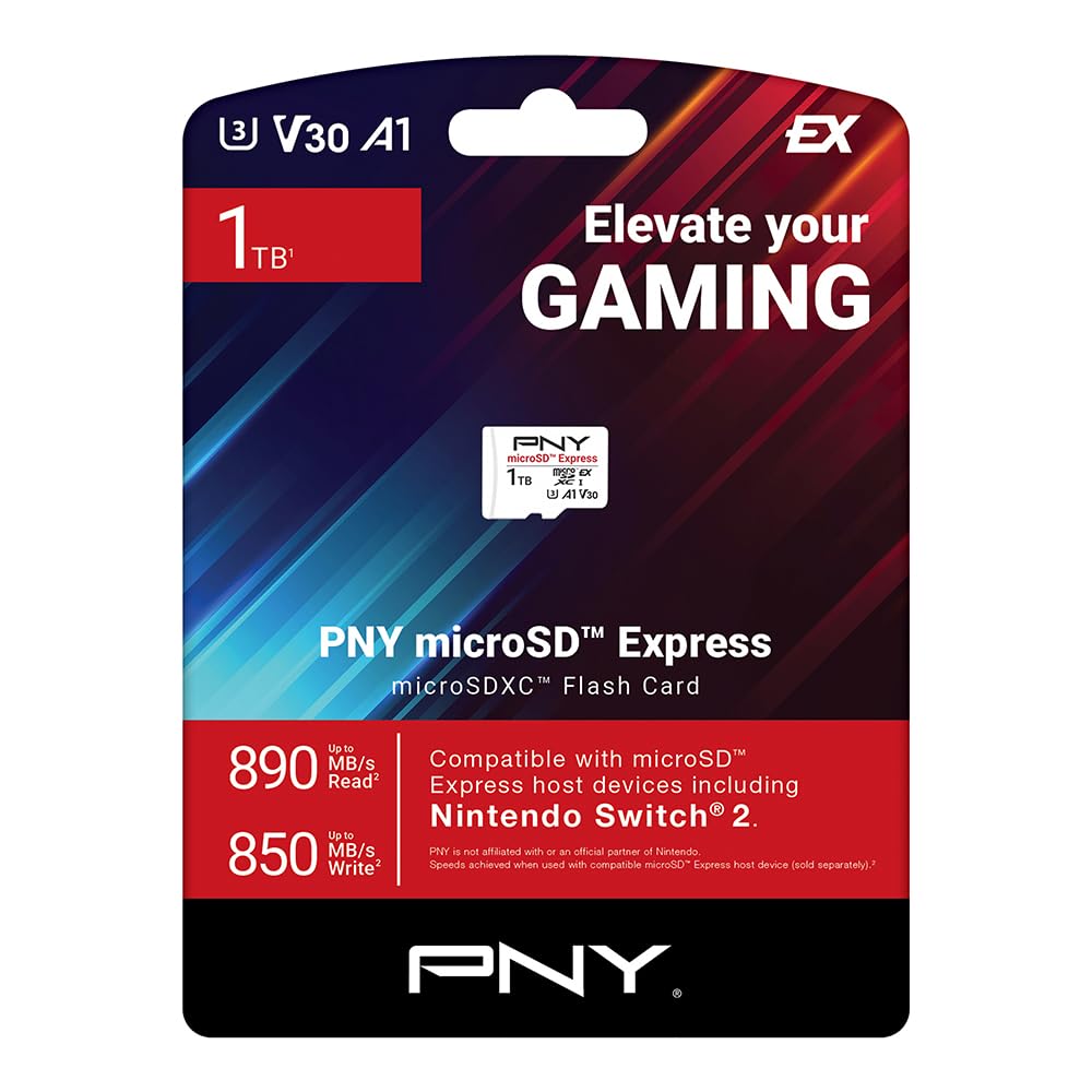 PNY Carte Mémoire microSD Express microSDXC UHS-I U3 V30 A1 1TB, jusqu'à 890/850 Mo/s en Lecture/Écriture, Compatible avec Nintendo Switch 2, PCIe Gen 3x1, Idéale pour Appareils microSD Express