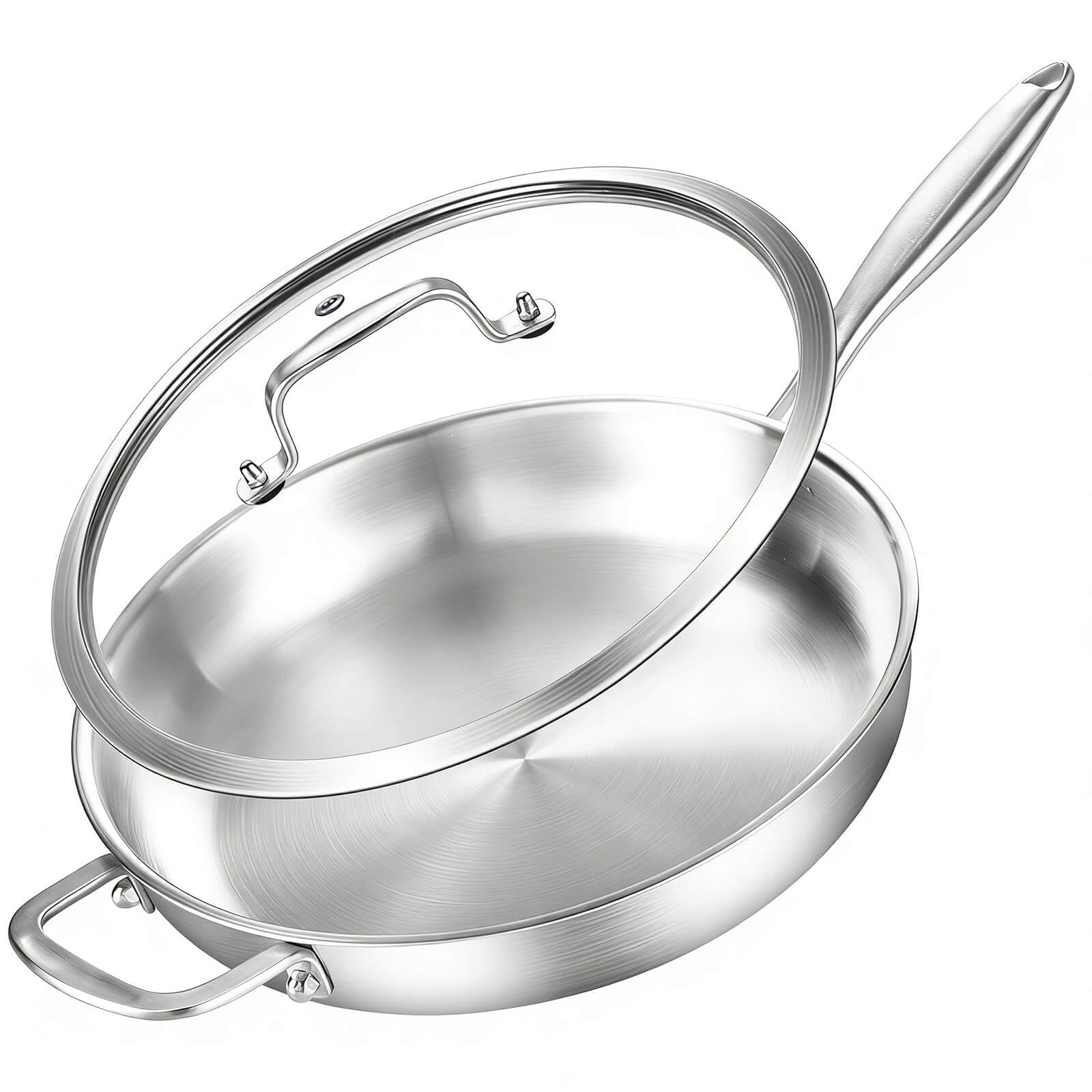 Edelstahlpfanne 30 cm mit Deckel, Durchgehend 3-lagig (3 mm) | Unbeschichtet Bratpfanne, Energieeffizient, für Induktion, Backofenfest bis 400°C, Geeignet für Steaks, Hähnchenbrust