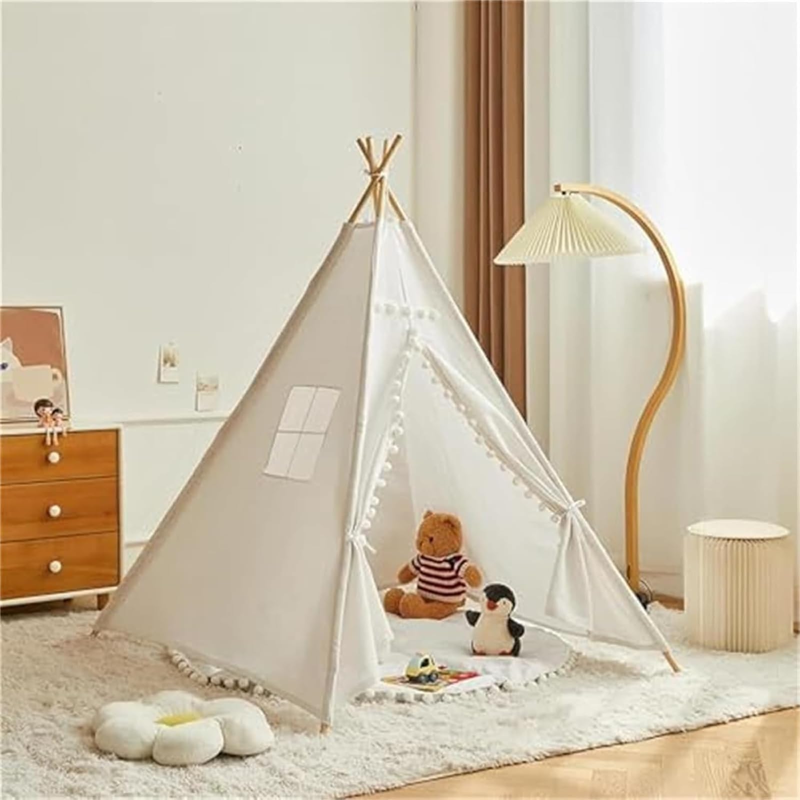 Herfair Tipi Zelt für Kinder, Kinderzelt Indoor mit Filzkugel, Cremefarbene Spielzelt Baumwolle Spielhaus, Kinderzimmer Deko Geschenke, 160×120×120 cm