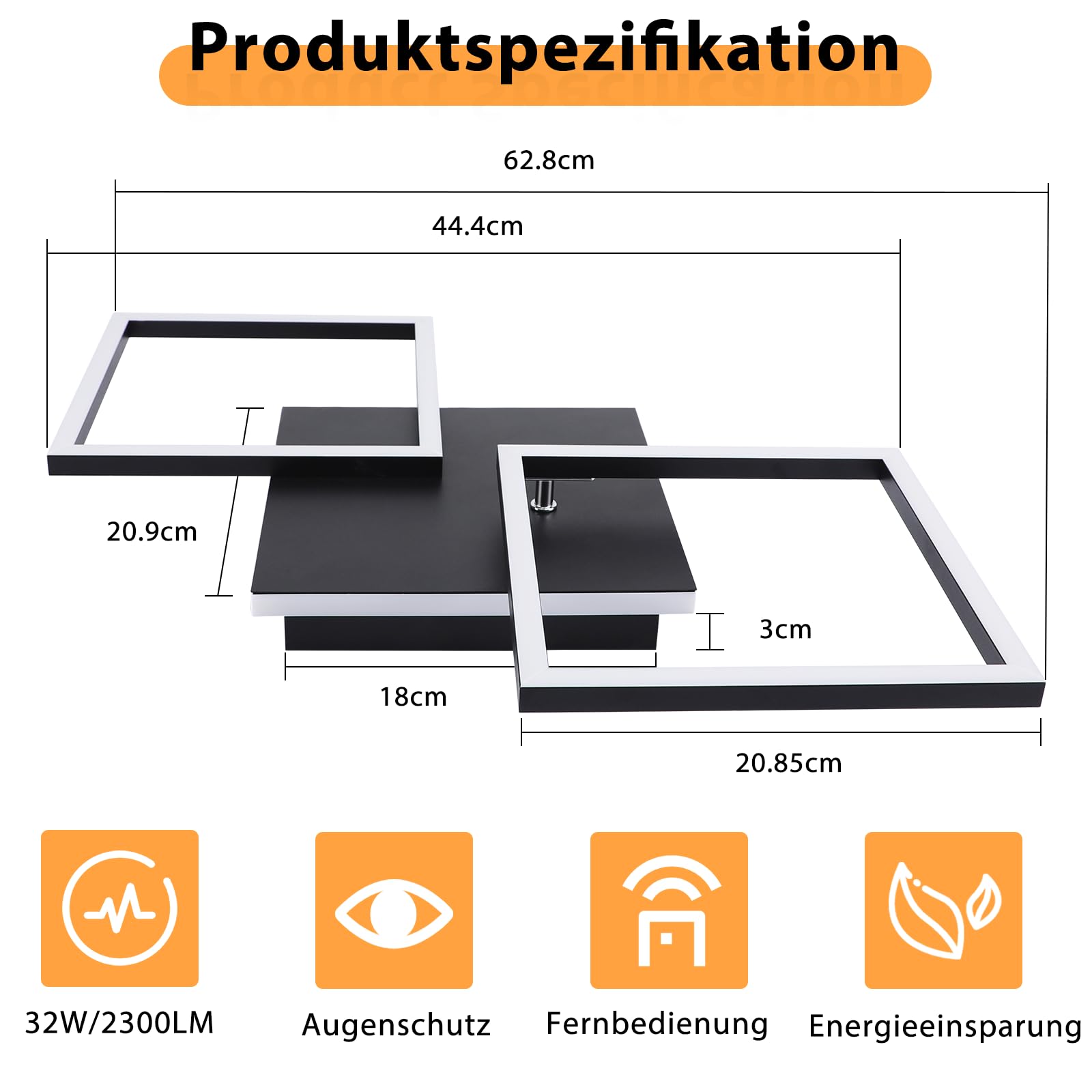 Homefire LED Deckenlampe Schlafzimmer Deckenleuchte 32W Wohnzimmerlampe | Schwarz Küchenlampe Dimmbar Modern Eckig Schlafzimmerlampe mit Fernbedienung Küche Deckenlampen für Esszimmer Büro Flur