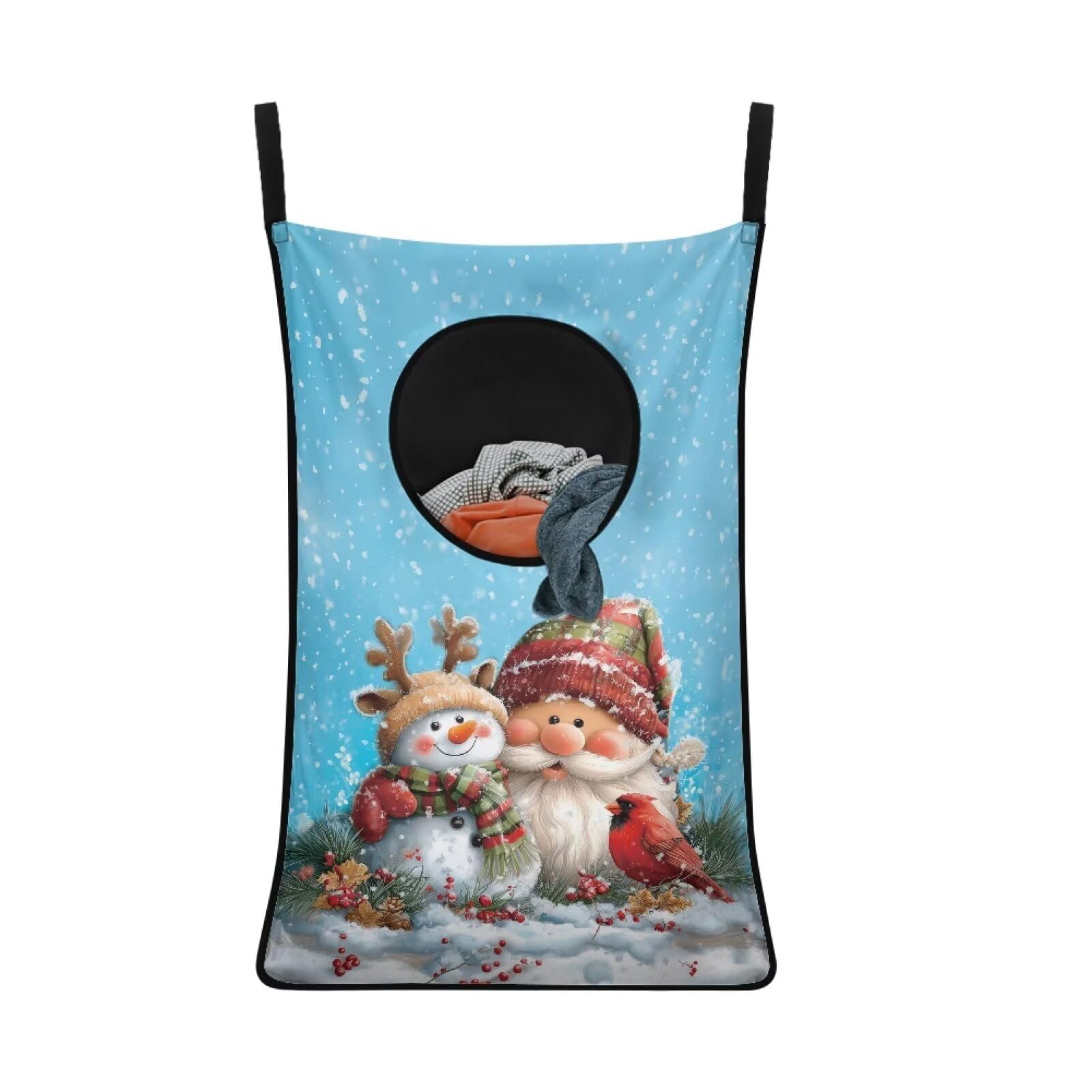 COEQINE Small Hanging Laundry Bag Cute Snowman Gnome Print Laundry Basket with Zipper for Door Storage Bag Space Saving,Christmas Decorations Indoor Bedroom
