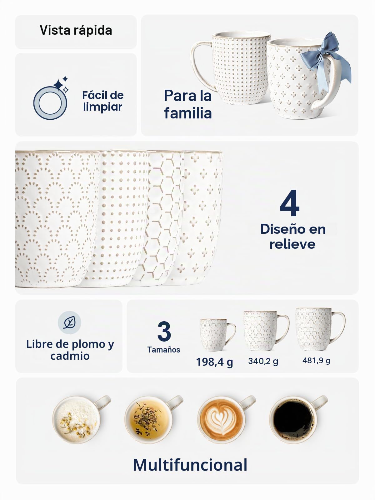 LE TAUCI Juego de 4 tazas de café de cerámica de 12 onzas (10 onzas prácticas), tazas compactas de 3.4 pulgadas para espresso, latte, té, cacao, capuchino y moca, adecuadas para bodas de inauguración