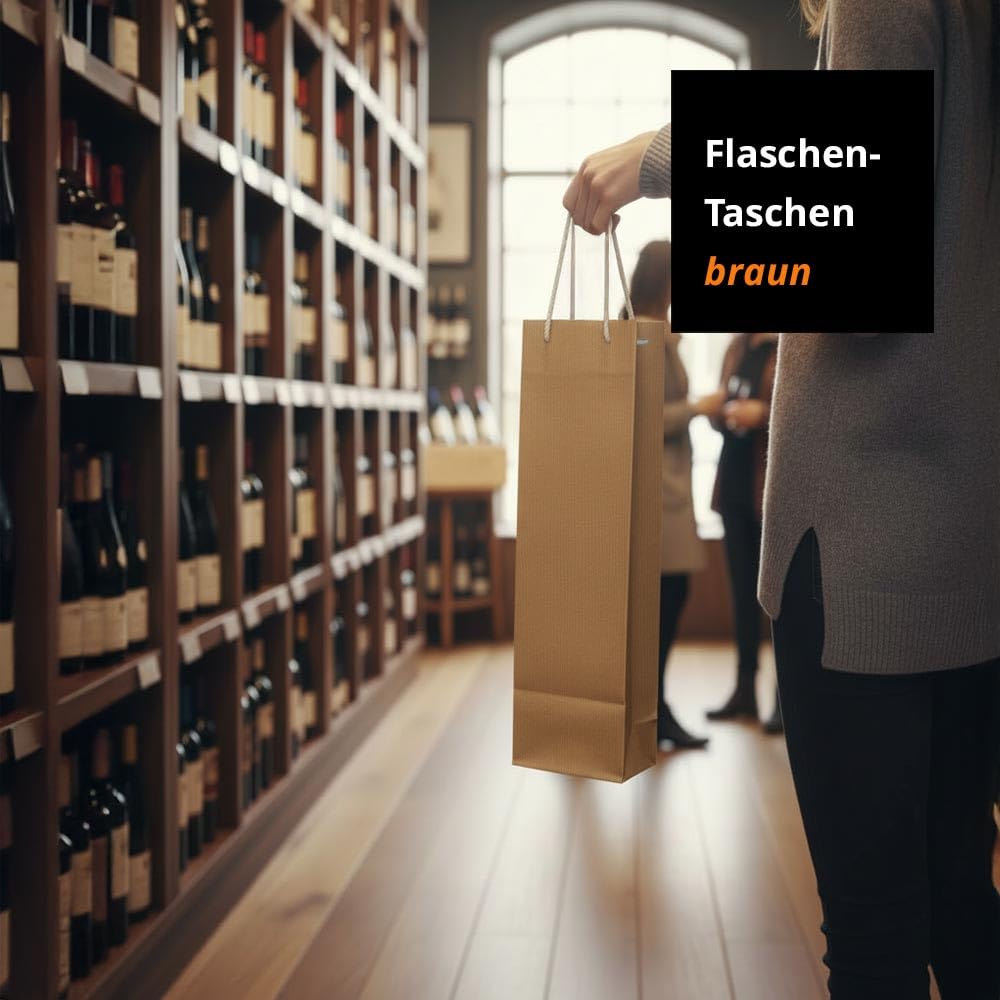 100 x Flaschentaschen braun 9,5+6,5x38 cm | Flaschentüten | Geschenktüte Flasche Wein | Weintaschen | HUTNER
