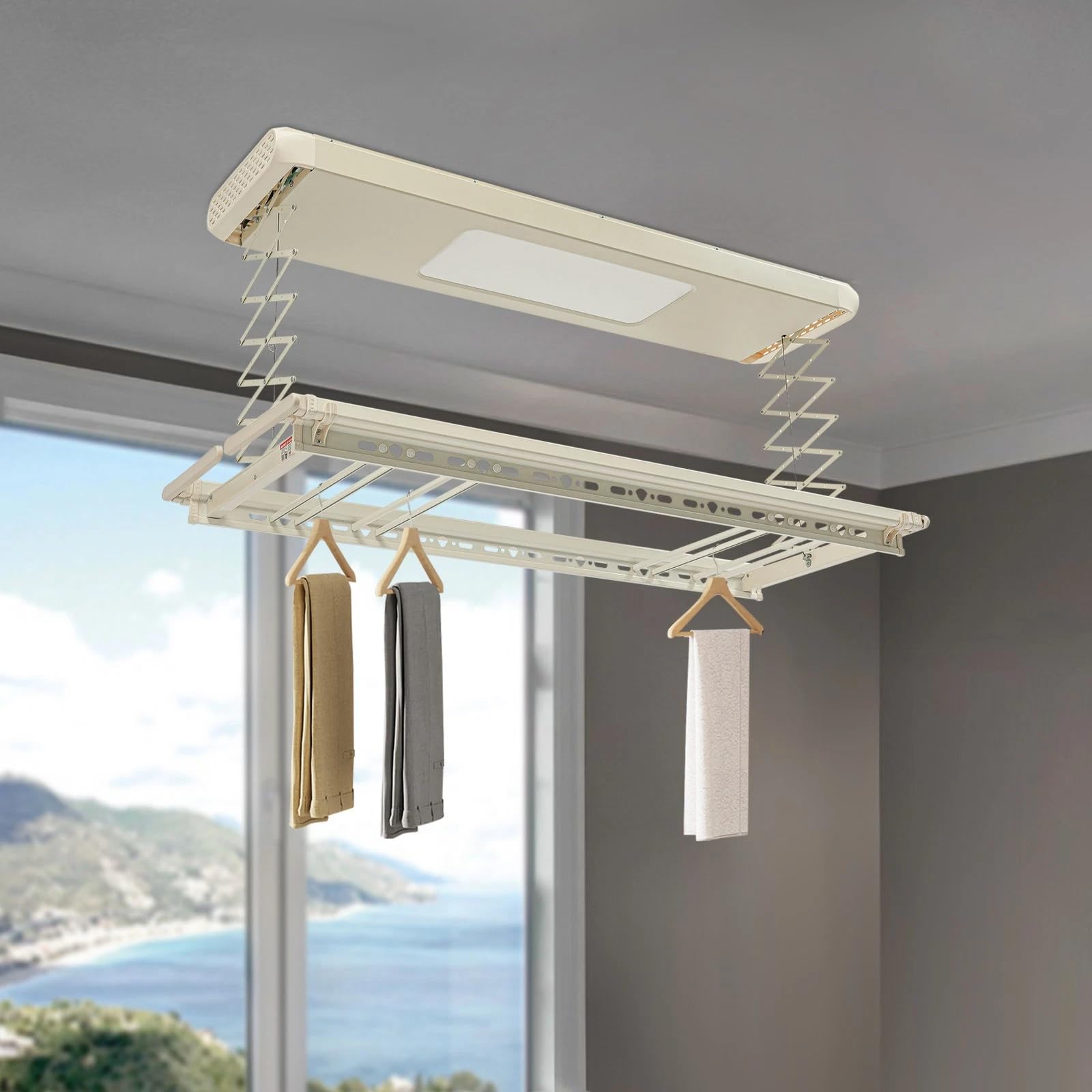 Elektrischer Vertikaler Wäscheständer Deckenständer Deckenmontage Für Wand und Decke Mit Beleuchtung und Fernbedienung Platzsparend Zusammenklappbar Aluminium und Stahl Für Wäscheteile/Bettwäsche