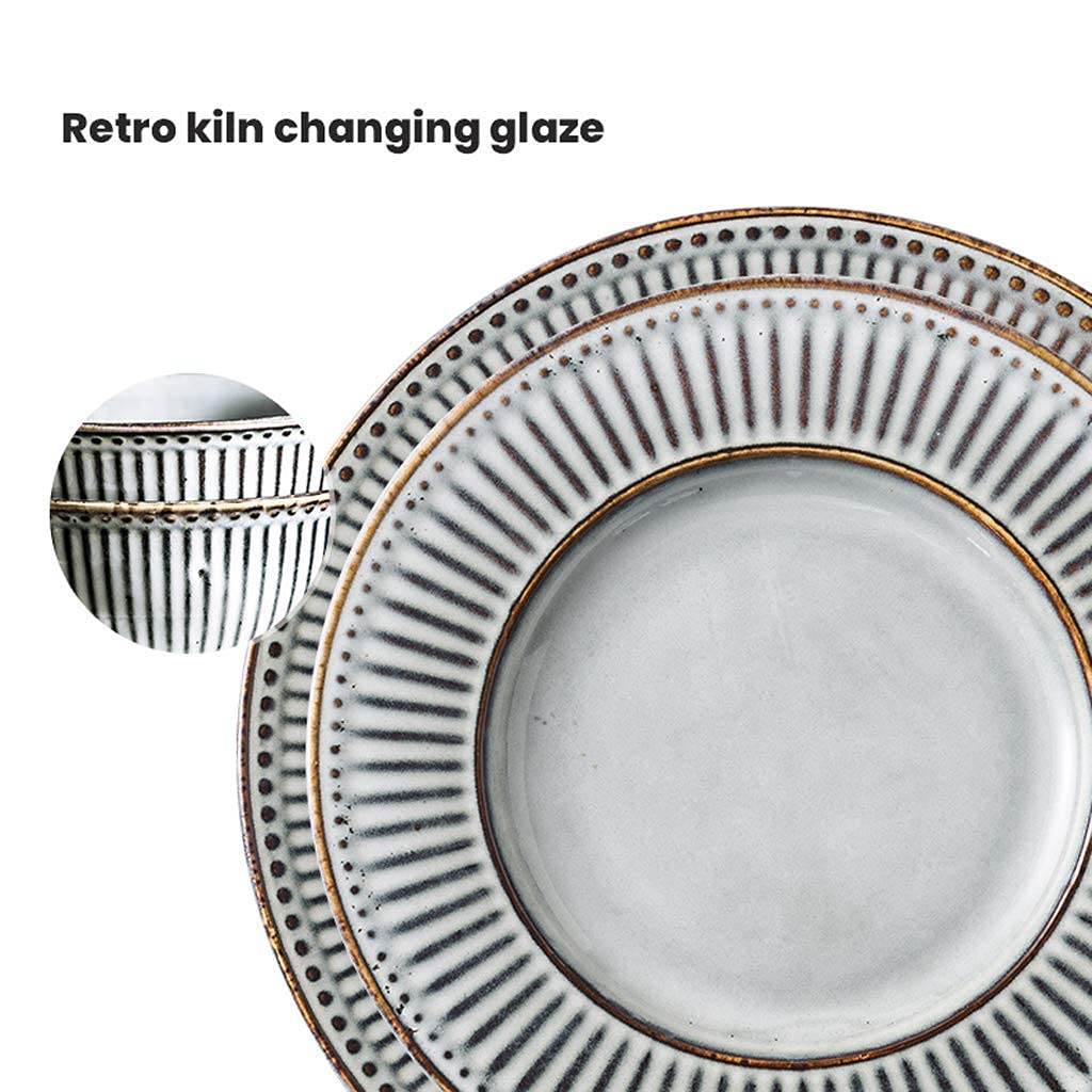 Zestaw obiadowy, Zestawy obiadowe ceramiczne, 38 elementów, retro tłoczone pionowe paski, zestaw obiadowy, porcelanowa miska na płatki zbożowe, łyżka i talerz dla rodziny Gatheand Restaurant