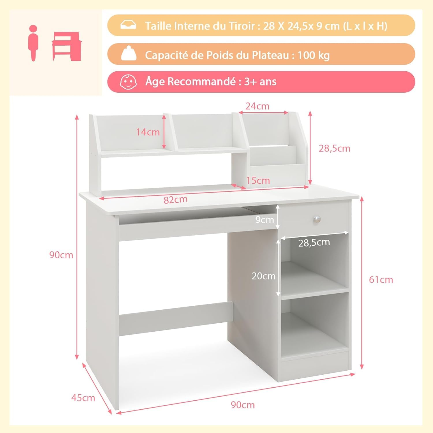 GOPLUS Bureau Enfant Fille Garcon, 3 en 1 Bureau Enfant avec Rangement, avec 1 Tiroir 2 Étagères, Table Enfant en Bois avec Plateau à Clavier, 90X45X90CM (Blanc)