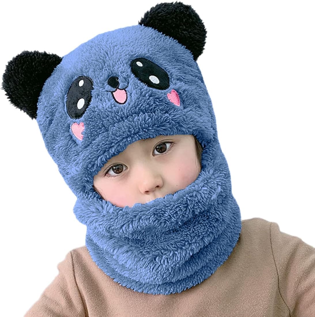Winter Fuzzy Plush Balaclava Hat Cartoon Panda Animal Thick Windproof Full Cover Earflap Hood Cap Neck Warmer Scarf for Boys Girls | Age-2 to 6 Years | Soft Wool | Monkey Cap-image-17