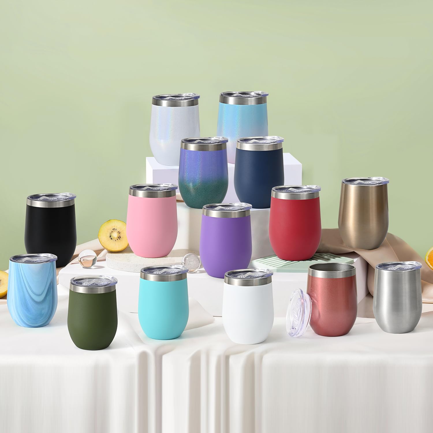 Joymaking 4 Stück Weinbecher Edelstahl, Stemless Weinbecher mit Deckel, Doppelwandige Unbreakable Travel Becher für Milk, Kaffee, Wein, Bier, Champagner, Cocktails, Blauer Marmor