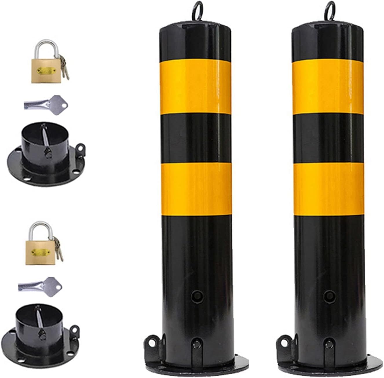 Aioneer Steel Parking Bollard Post 2 Pack, Reflective Traffic Delineator With Permanent Base And Chain Hooks, Safety Barrier Cones For Public Area Driveway Walkway-2 Pack-105cm/41.3in