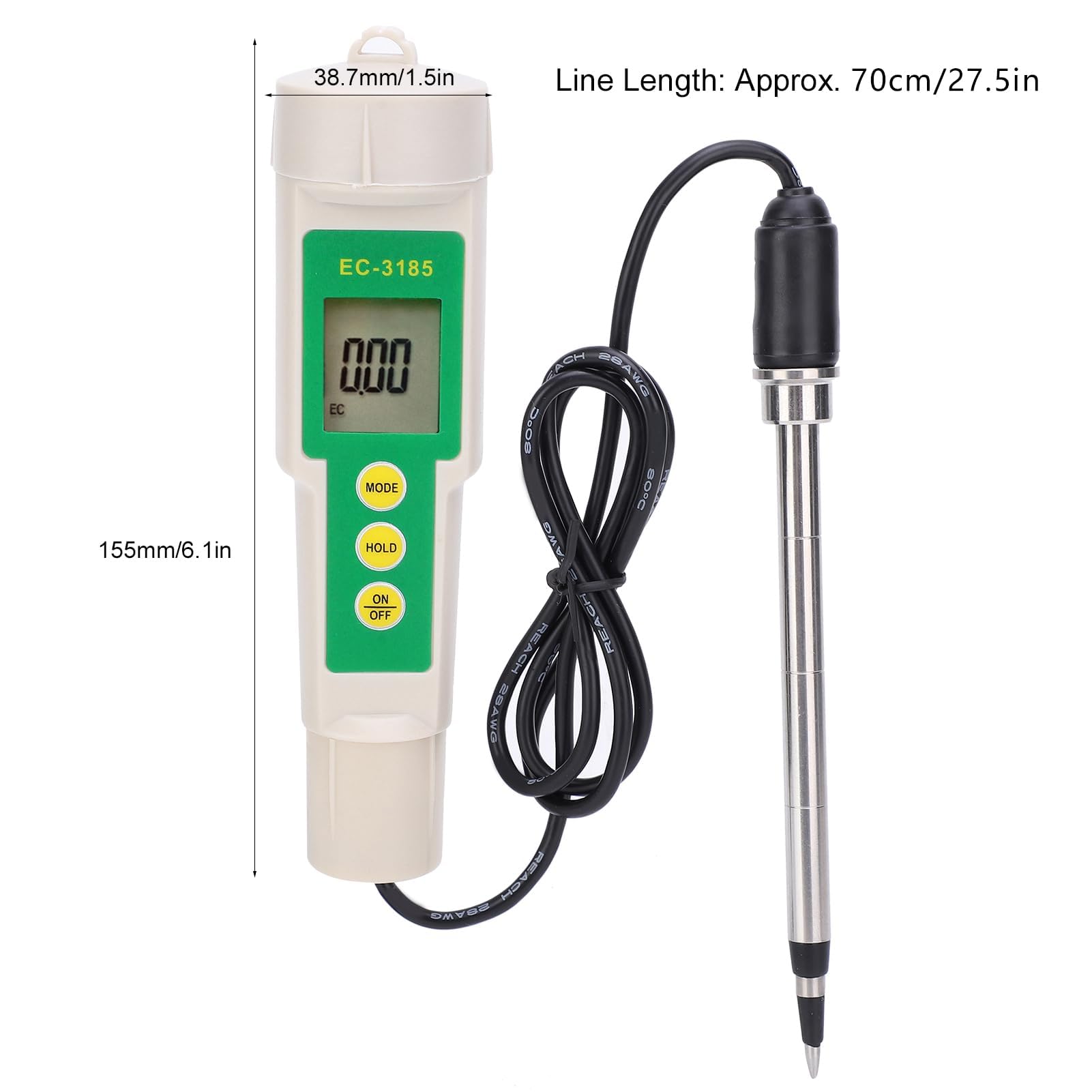 LiebeWH Medidor de Suelo Portátil 3 en 1 EC CF TDS con Sonda de Acero Inoxidable Pantalla de Visualización para Medición de Salinidad en Agricultura y Jardinería