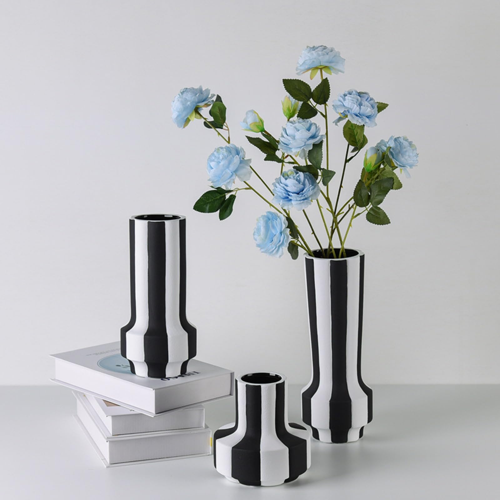 Wazon ceramiczny Czarno-biały wazon w paski z szerokim otworem Wazon matowy na trawę pampasową, stoły, półki, regały, kominki i przedpokoje,Panda a