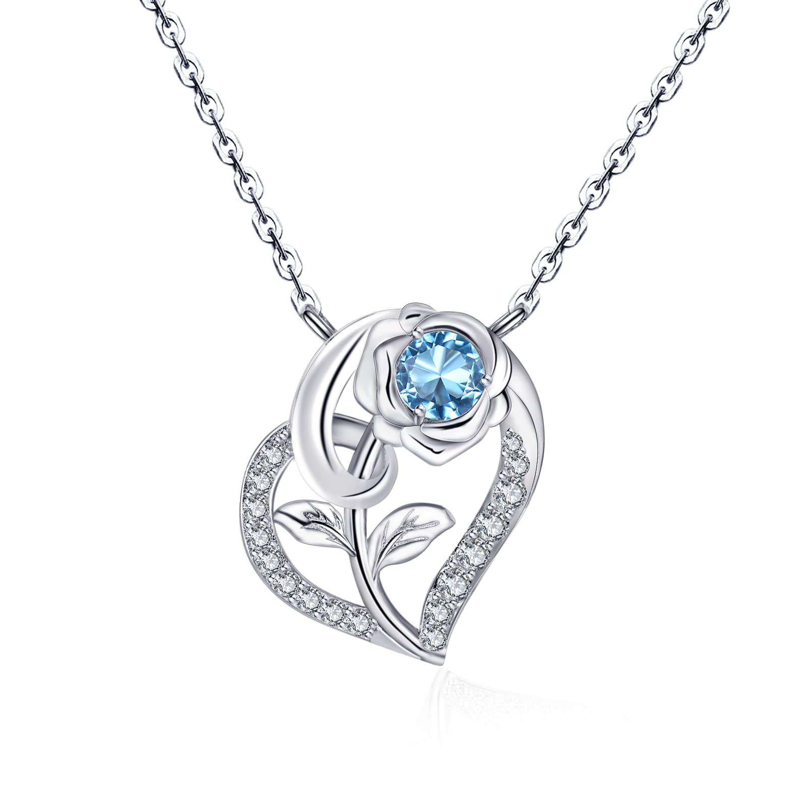 Qings Collar Muje de Corazón Piedras Nacimiento Plata de Ley 925 Collars Rosa Flor Colgante con 5A Circonita Dia de la Madre San Valentin Navidad Joyeria Regalo para Madre Hija Niñas
