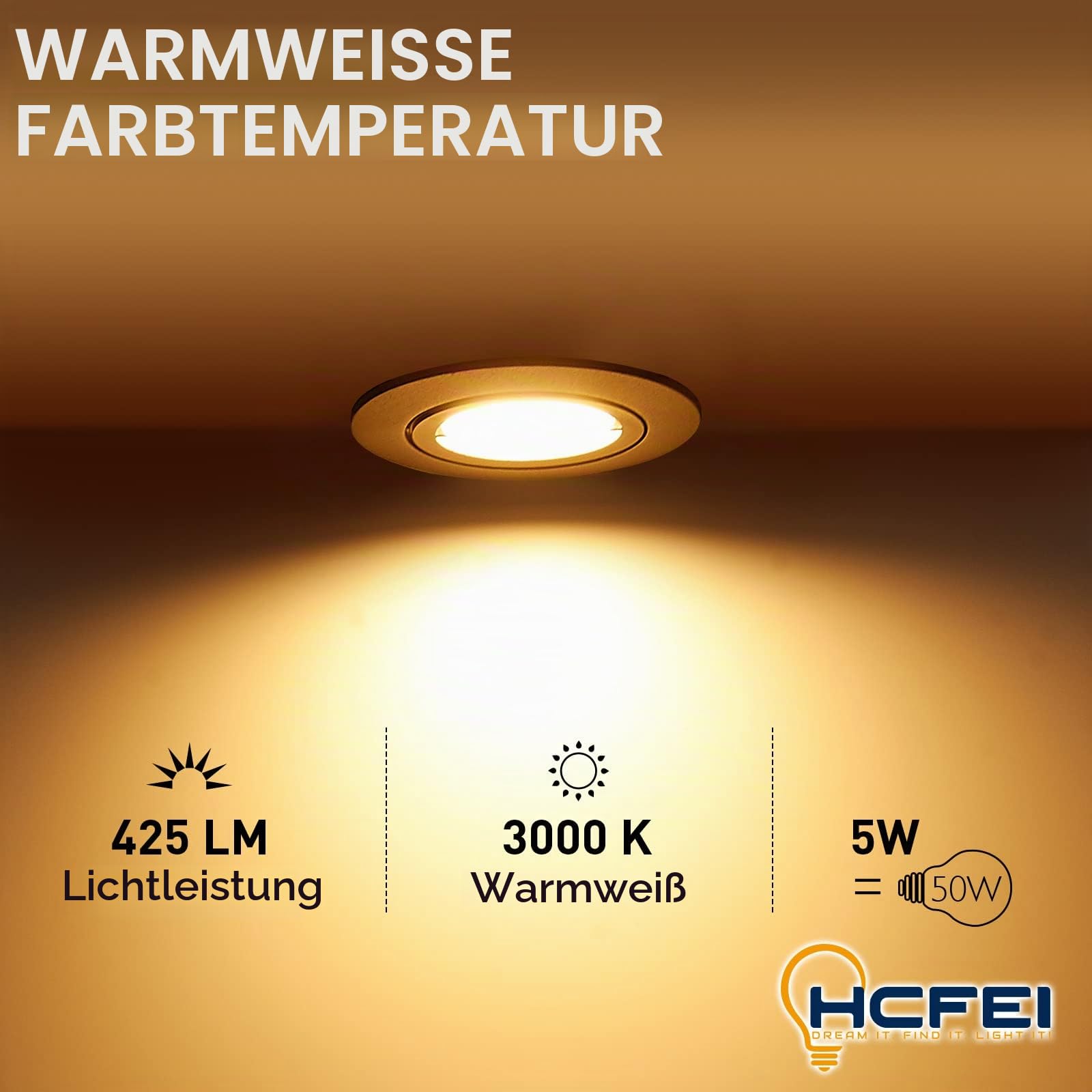 HCFEI LED Einbaustrahler dimmbar schwarz schwenkbar 5W flach 230V Einbau-Spot Strahler Einbauspot 68mm Bohrloch, 120°Abstrahlwinkel, Warmweiß 3000K (6er Pack)