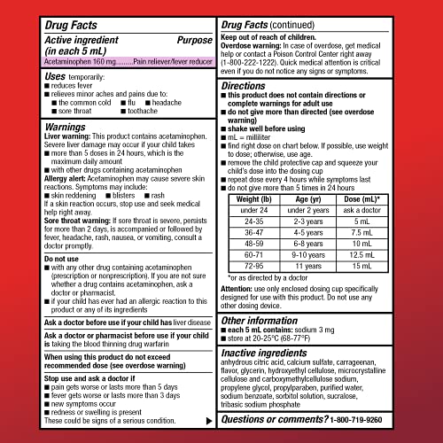 Image of Amazon Basic Care Children's Pain Reliever & Fever Reducer, Acetaminophen 160 mg per 5 mL Oral Suspension Liquid, Dye-Free Cherry Flavor, for Headache & Sore Throat, 4 fl oz, (Pack of 2)