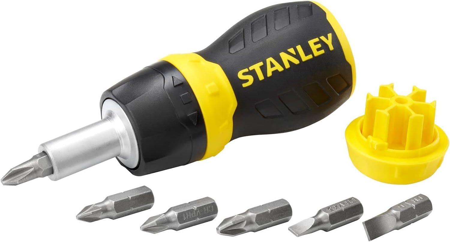 STANLEY Valise de Maintenance - 142 Pièces - Pinces et coupe-touts, clé à molette, niveau, mesure & Tournevis Porte-Embouts a cliquet bimatiere + 6 Embouts - réservoir de stockage dans le manche