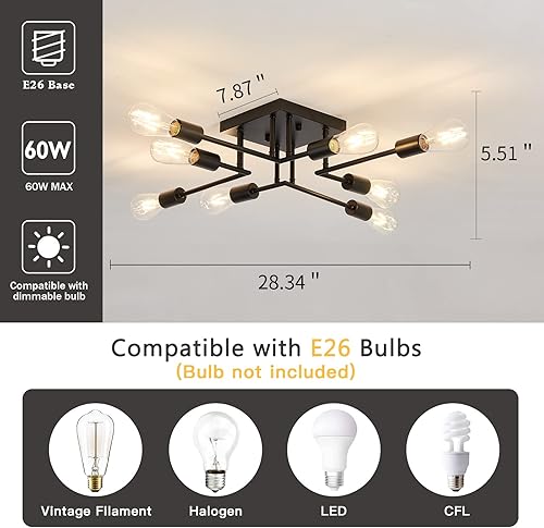 Miniatura 3 de ASGYISA Lámpara de Techo Semiempotrable de 8 Luces, Accesorio de Iluminación Moderno de Metal Negro Estilo Sputnik con Base de Bombilla E26, Luz de