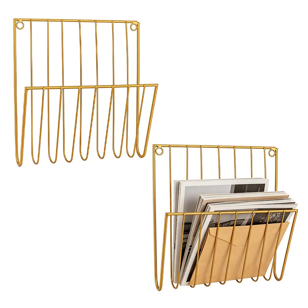 UNICRAFTALE 2 Pack Golden Iron Wall-Mounted Storage Rack Wall Mounted Magazine Rack with Adhesive Hooks Mail Organizer Ideal for Entryways and Kitchens 265x250x76mm