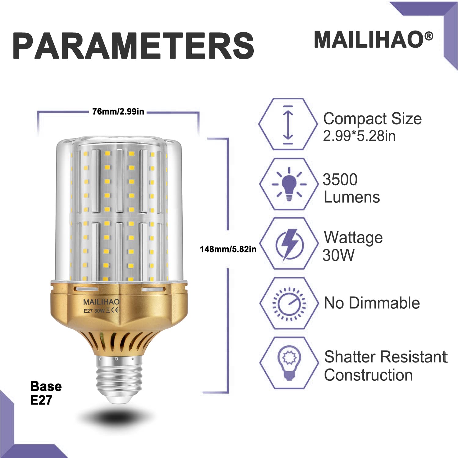 1 x żarówka LED 30 W E27, odpowiednik lampy halogenowej 250 W, neutralna biel 4000 K 3500 lm, lampy kukurydziane E27, bez migotania, wysoka jasność i brak możliwości ściemniania, oszczędność