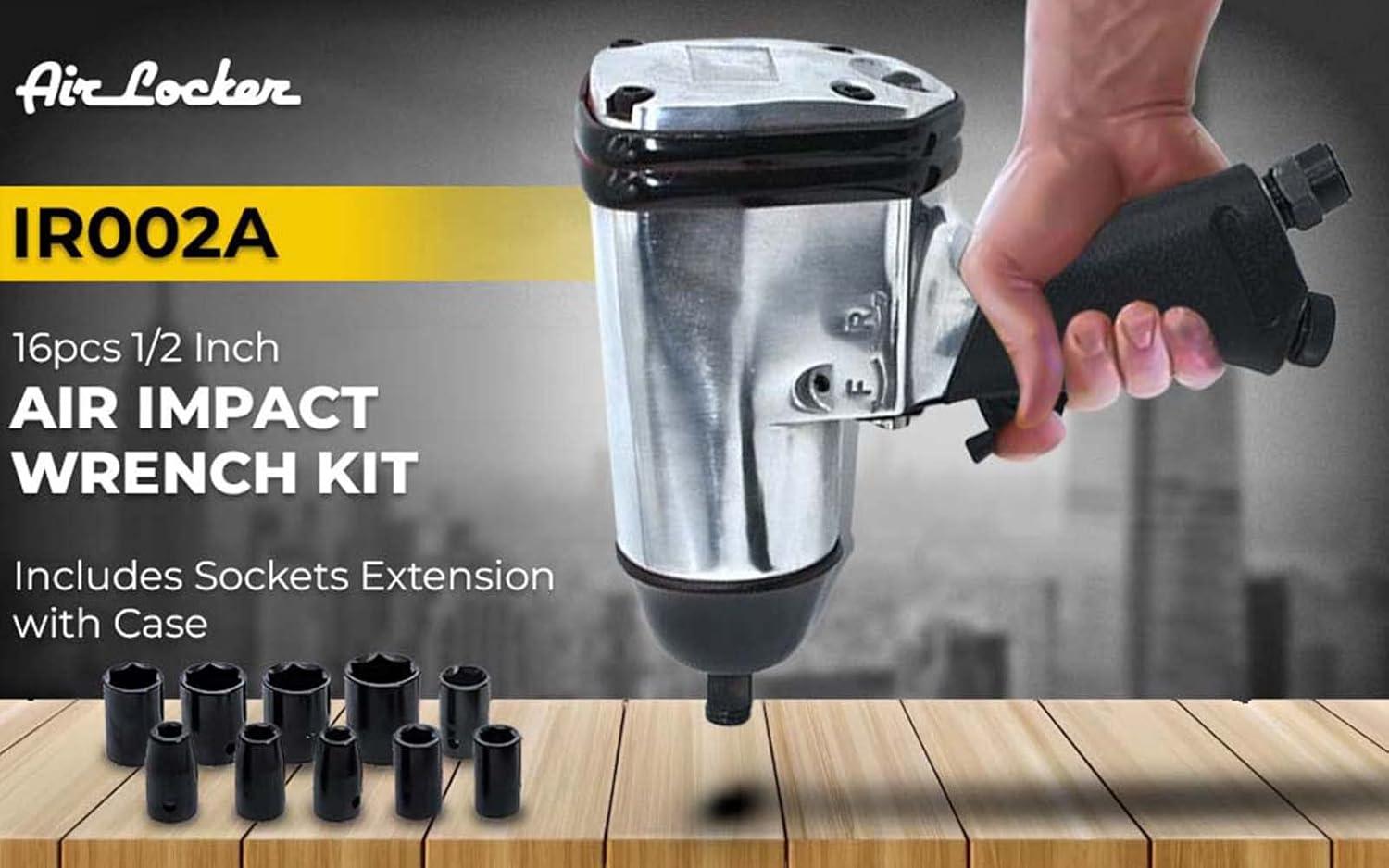 16pcs 1/2 Inch Air Impact Wrench Kit Includes Sockets Extension with Case