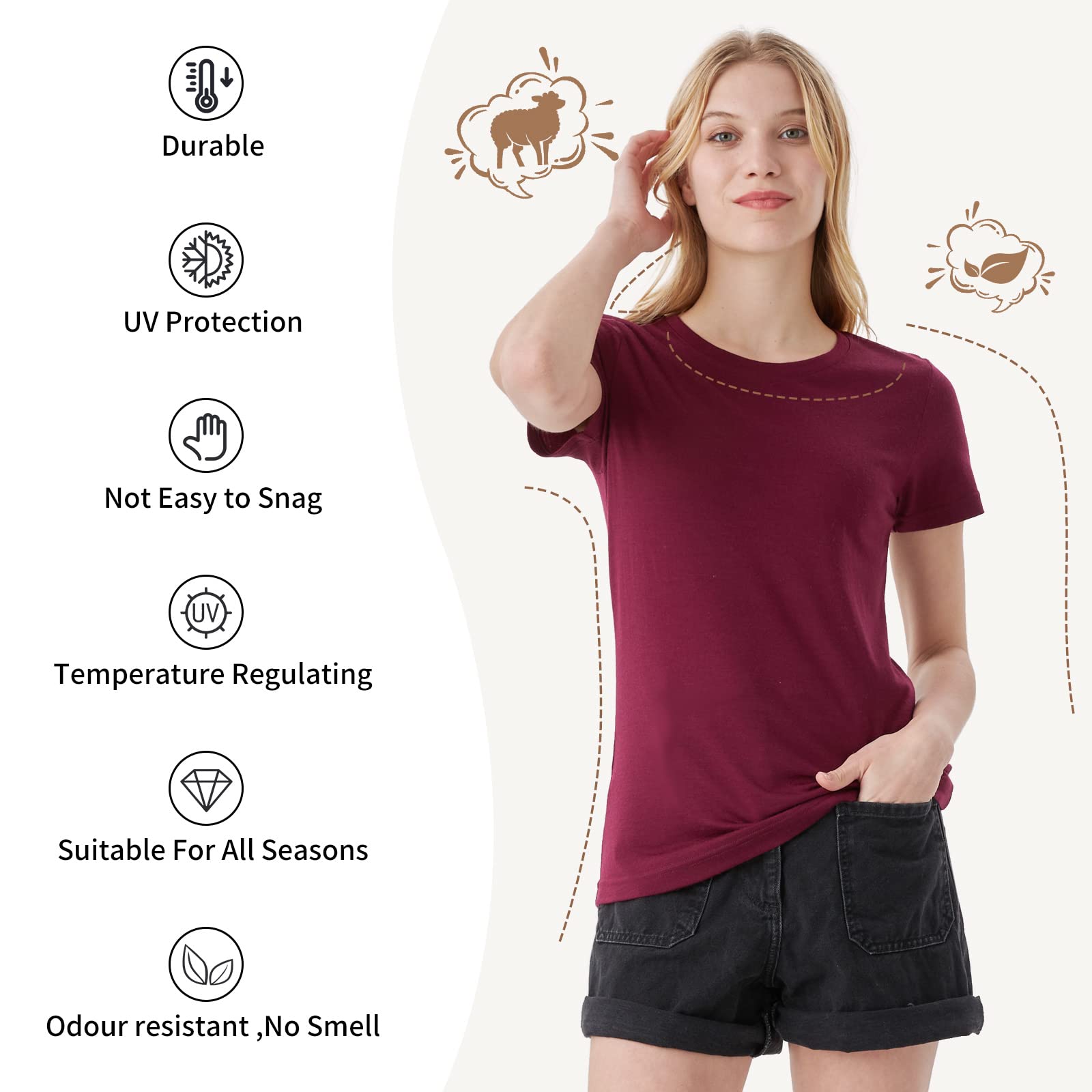 Merino Protect 100% Merino Wolle Shirt Damen Kurzarm Rundhals Wolle Unterhemd Geruchsresistenz Funktionsunterwäsche Reisen Wandern Merinowolle Unterwäsche