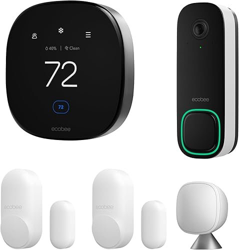 ecobee Paquete de seguridad total y ahorro con cámara de timbre inteligente (con cable), sensor inteligente para puertas y ventanas y termostato