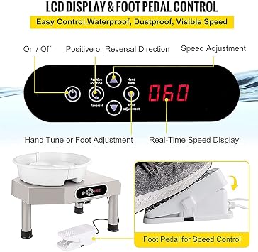 25cm Pottery Wheel Machine 380W Ceramic Forming Machine with Electric LCD Display Screen, Foot Pedal and Detachable Basin for Ceramic Work Art Craft (White)