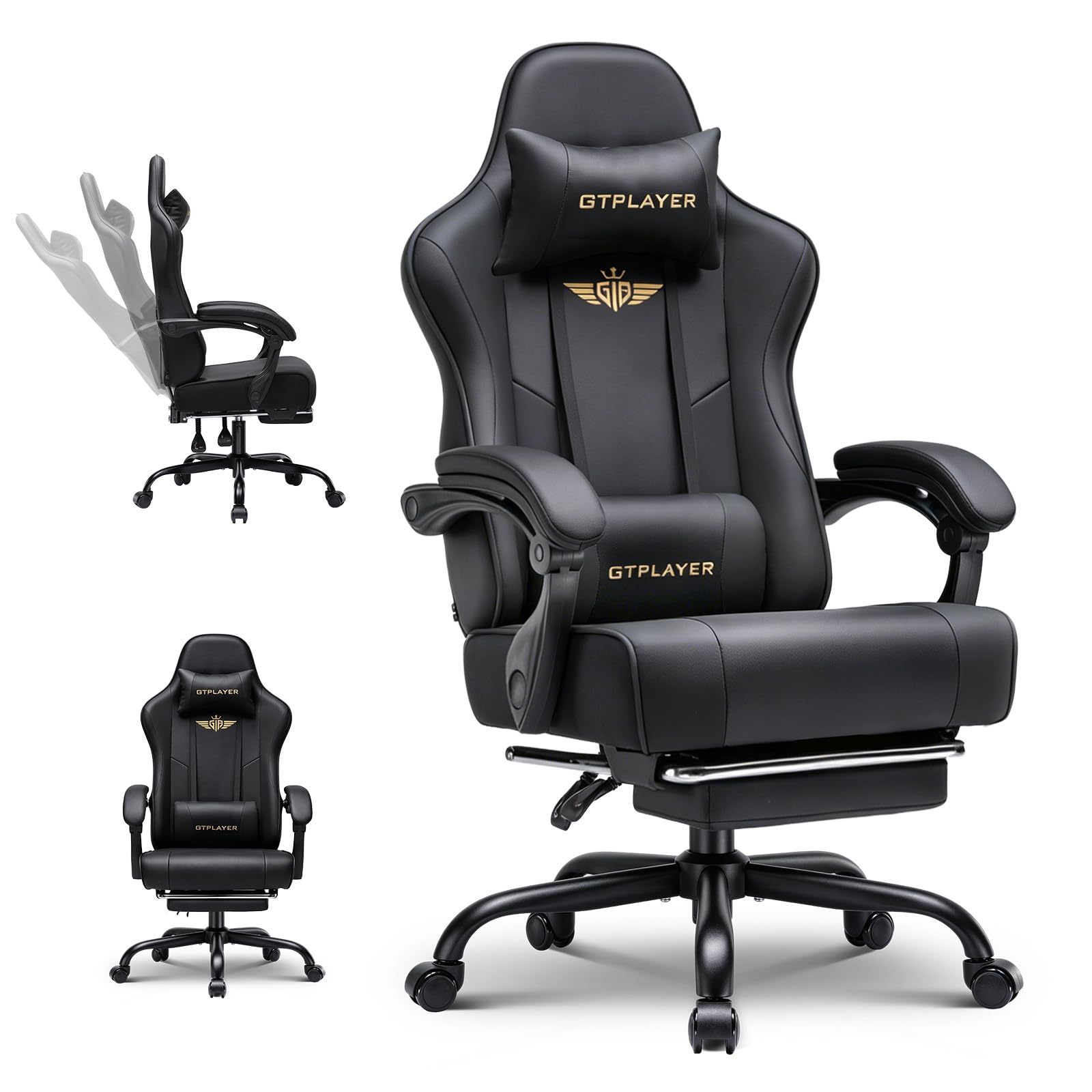 GTPLAYER Silla de Gaming, ergonómica, con reposapiés, reposacabezas y Soporte Lumbar, Altura Regulable, Acolchada, 180 kg