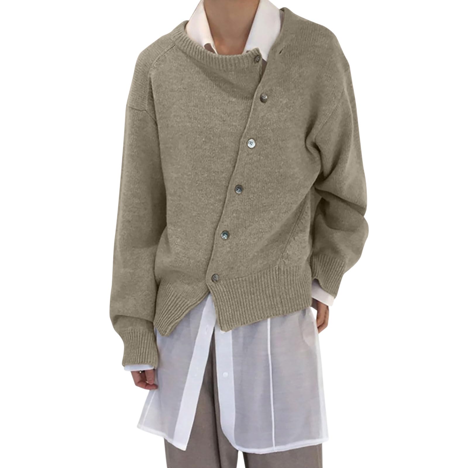 Korean Inspired Loose Fit Knit Cardigan Round Neck Asymmetric Button Design Relaxed Look Long Sleeve Tops Womens Sweaters