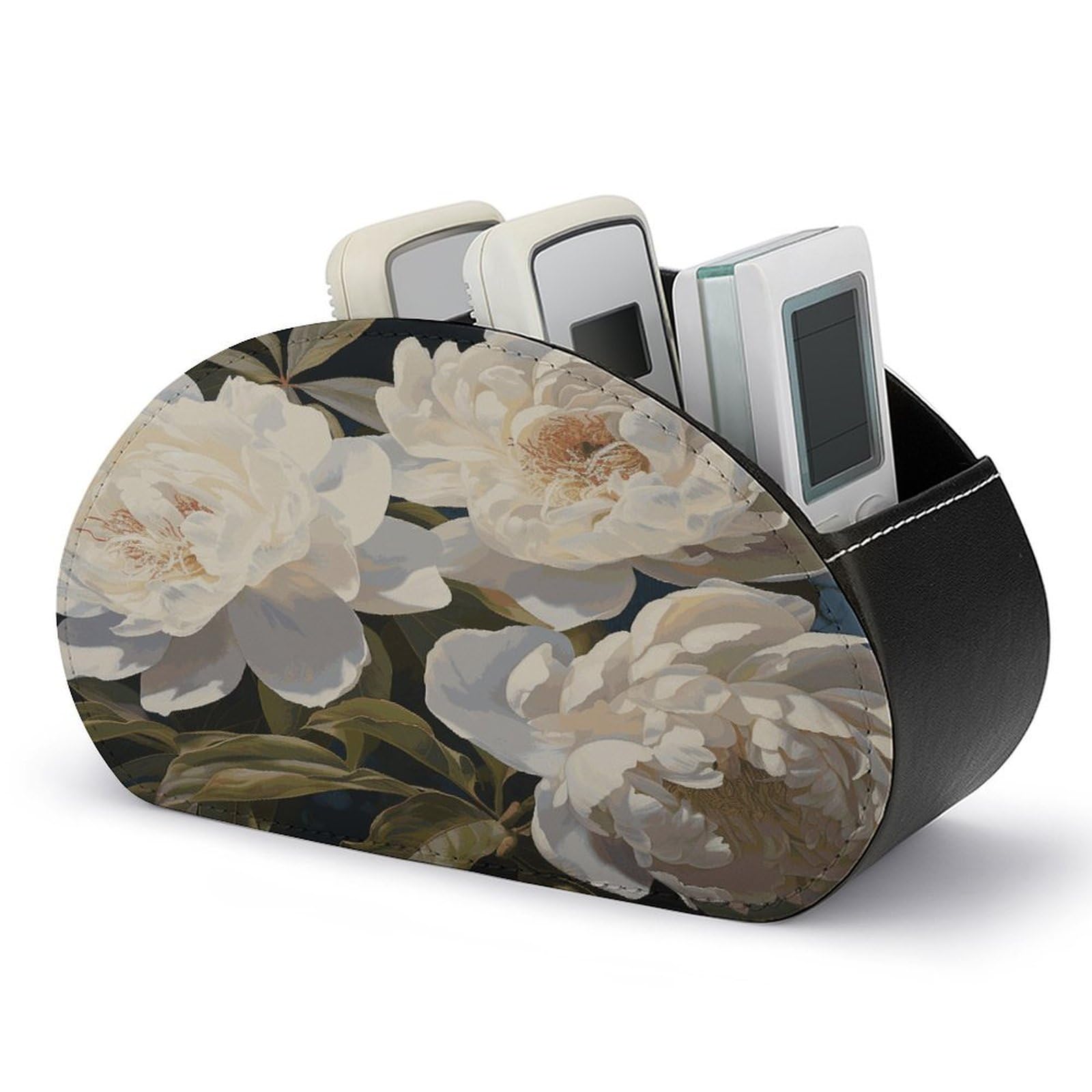 FekiLoot White Peony Remote Control Holder, PU Leather Remote Control Organizer Box Stationery Remote Control Box Desk Storage Organizer for DVDs,Glasses,Pens,Media Players