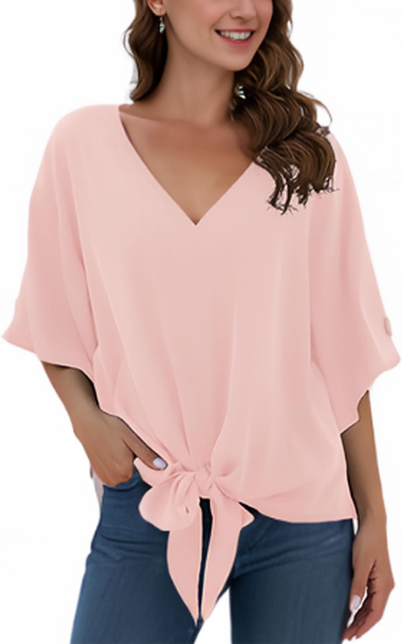 – Ladies’ Chiffon Blouses with V-Neck and Front tie Batwing Sleeves Short Sleeves Summer Tops and Shirts