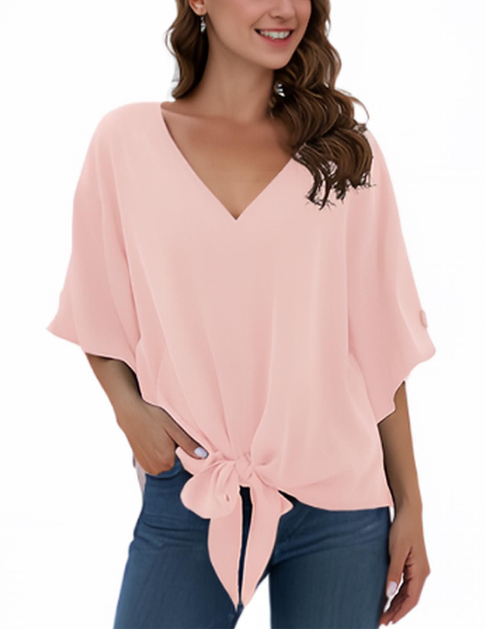 – Ladies’ Chiffon Blouses with V-Neck and Front tie Batwing Sleeves Short Sleeves Summer Tops and Shirts